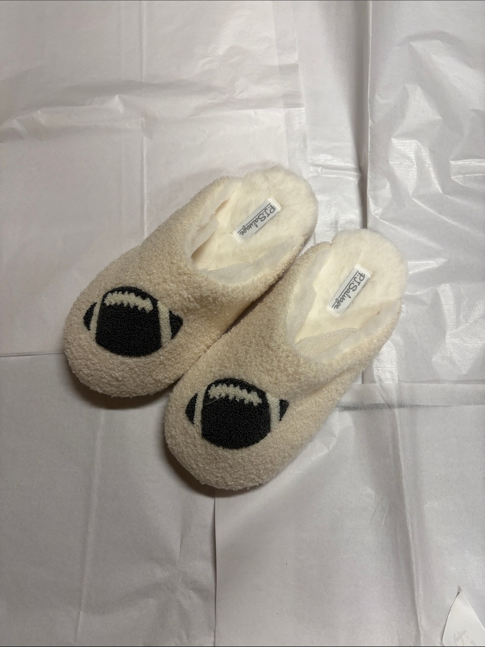 PJ Salvage Cream Fuzzy Slide Slippers with charcoal Graphic